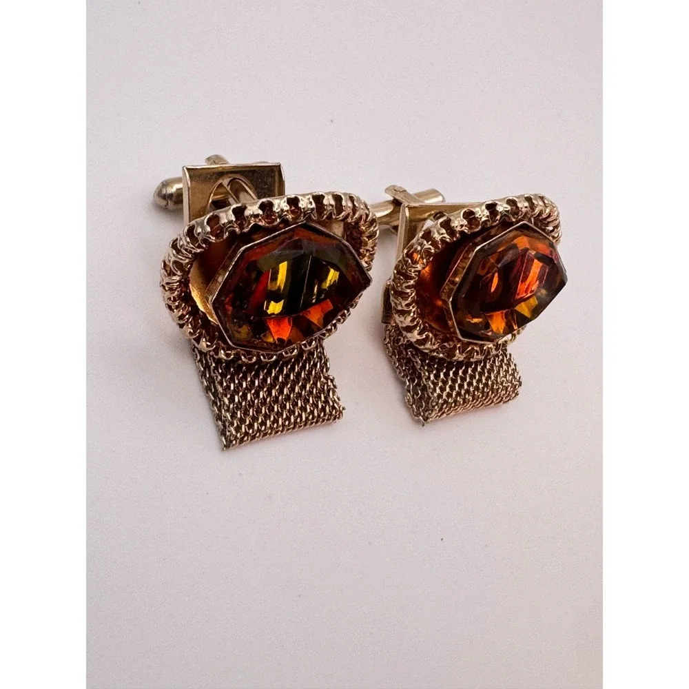 Vintage Mesh Cufflinks Orange and Green Faceted Shield MCM Gold Tone Wrap